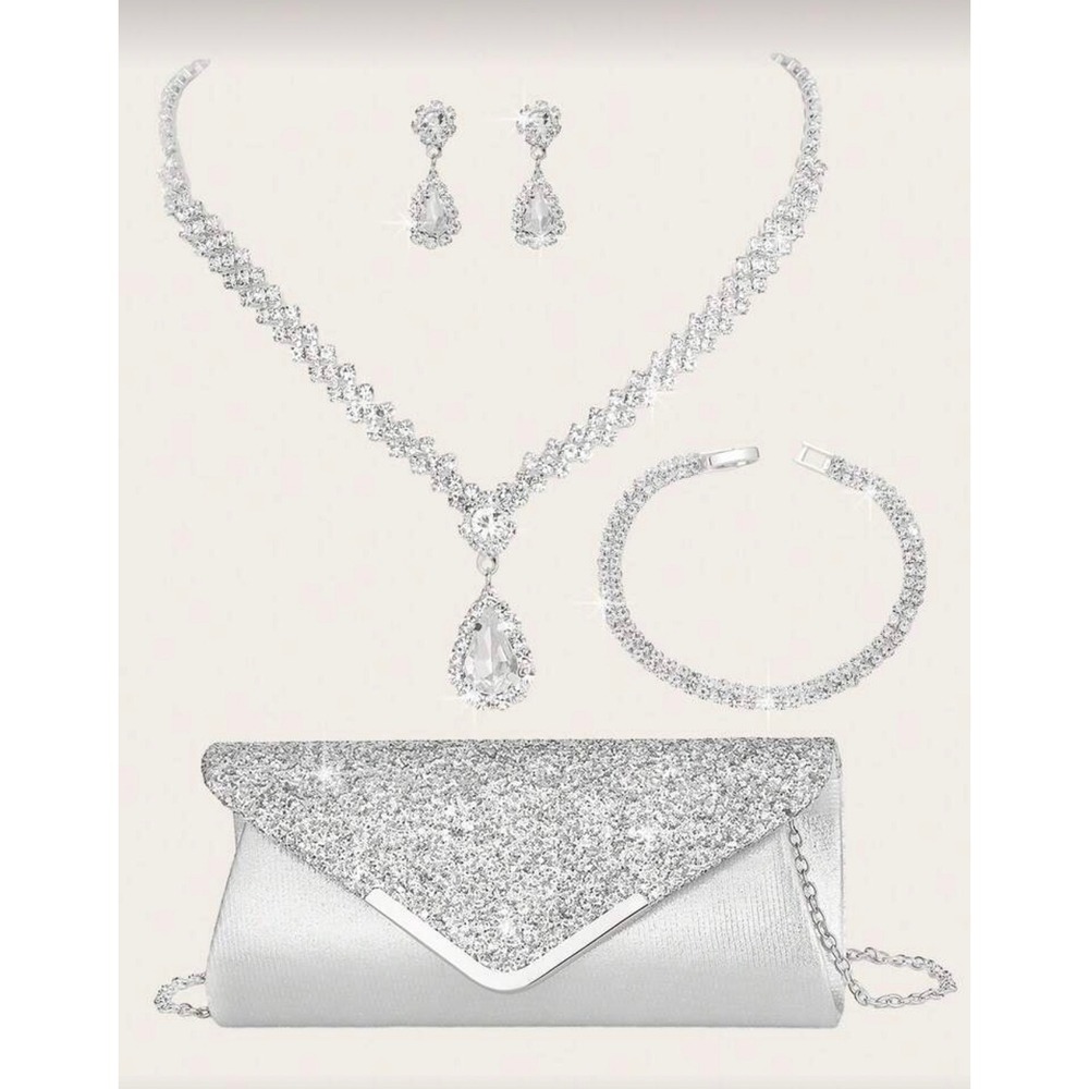 Silver Glitter Evening Clutch and Rhinestone Jewelry Set Wedding‎ Prom 4-Piece